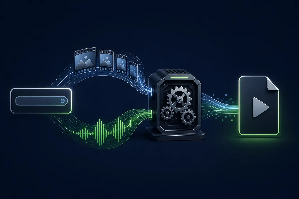 Editorial illustration of separate video and audio streams entering a processing stage and becoming one media file