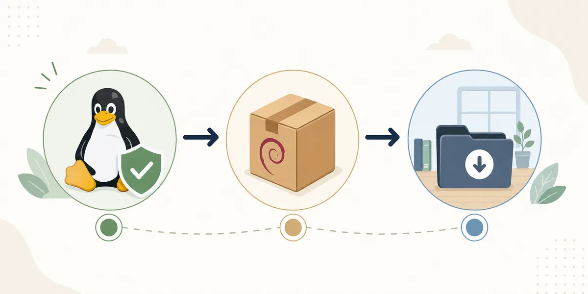 Konzeptionelle Darstellung eines geprüften Linux-Pakets auf dem Weg in einen lokalen Arbeitsordner