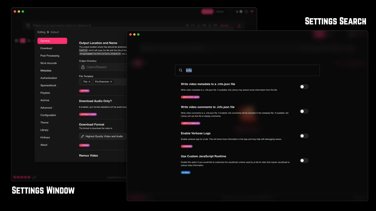Official Stacher settings search screen with download and verbose log controls